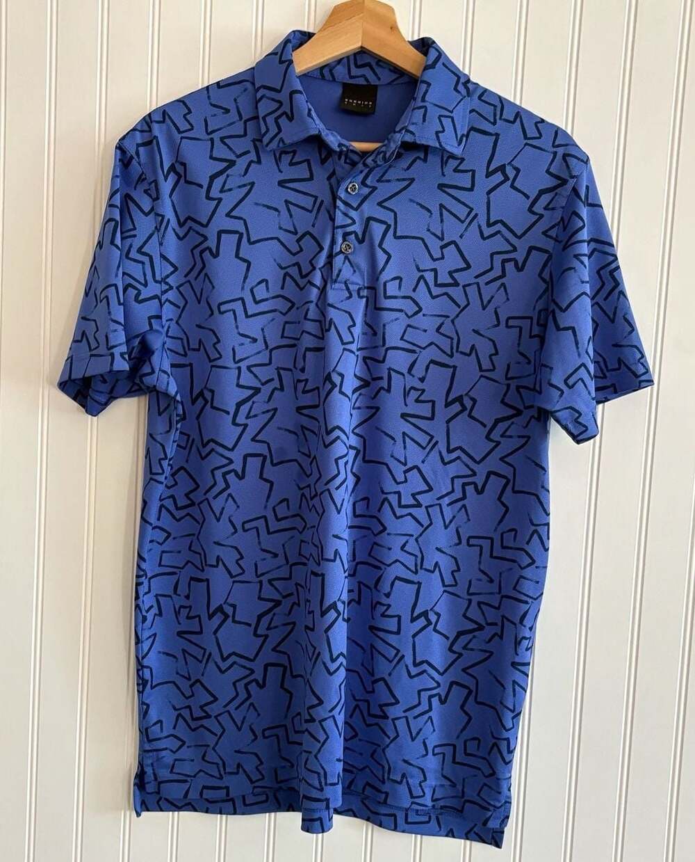 Dunning Golf Blue Abstract Geometric Print Performance Polo Shirt sz Large